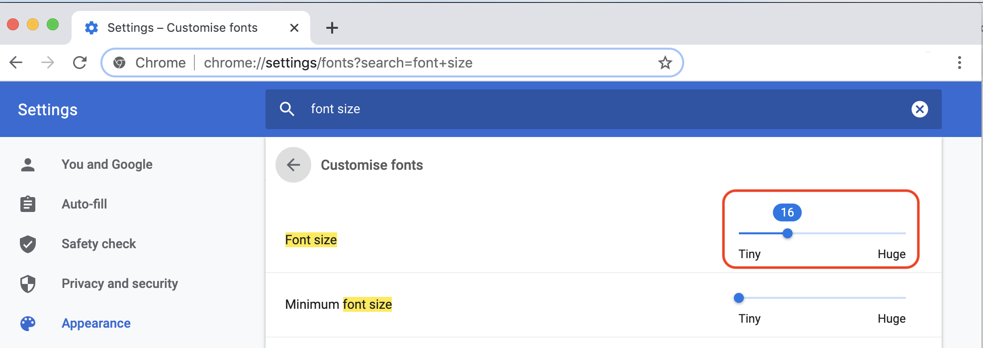 Font Size Setting in Chrome Browser