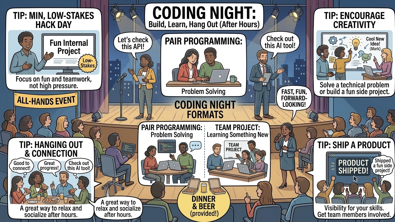 Coding night after-hours team pair programming and hackathon-style session