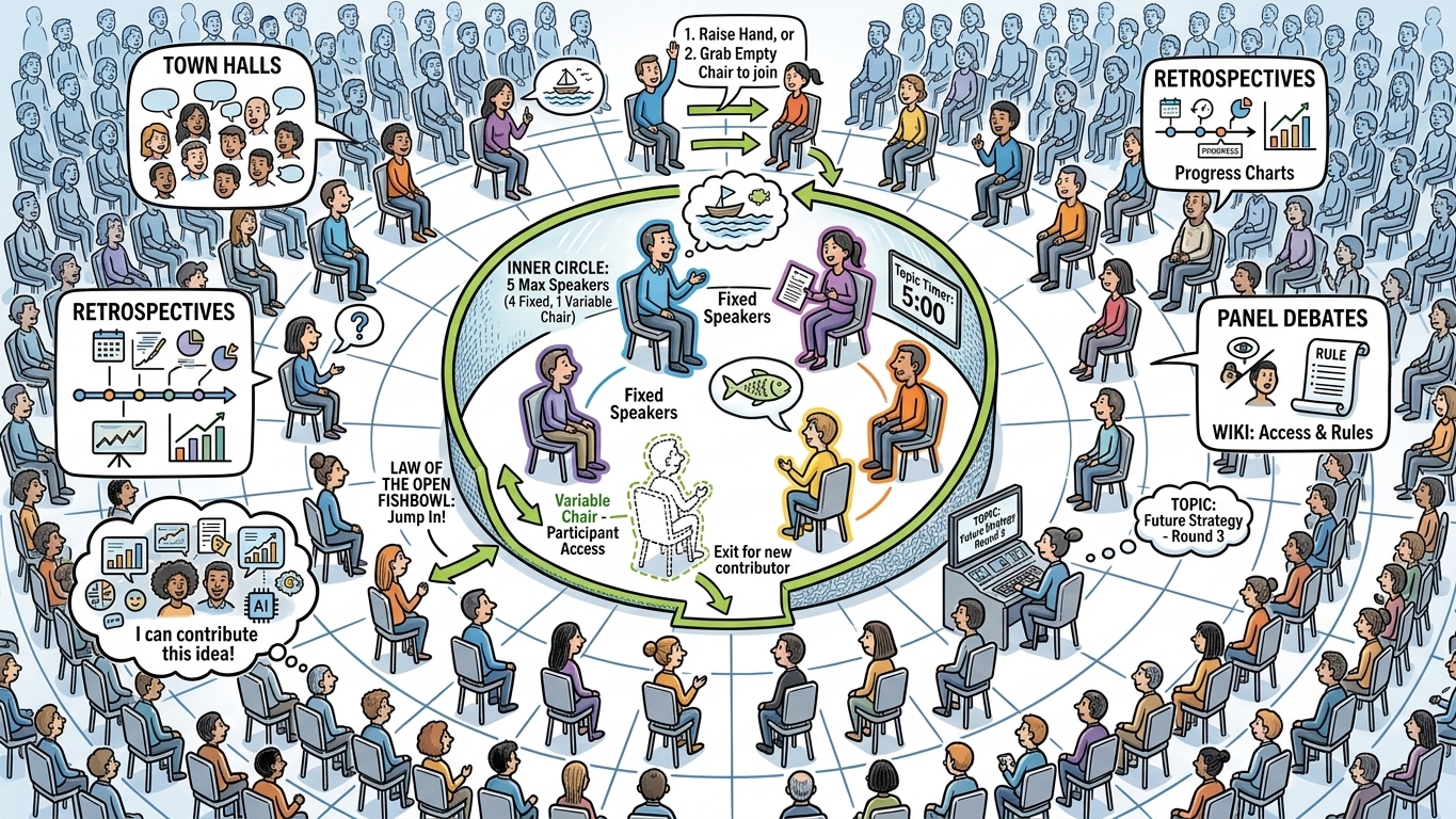 Fishbowl discussion format with inner circle speakers and outer circle audience