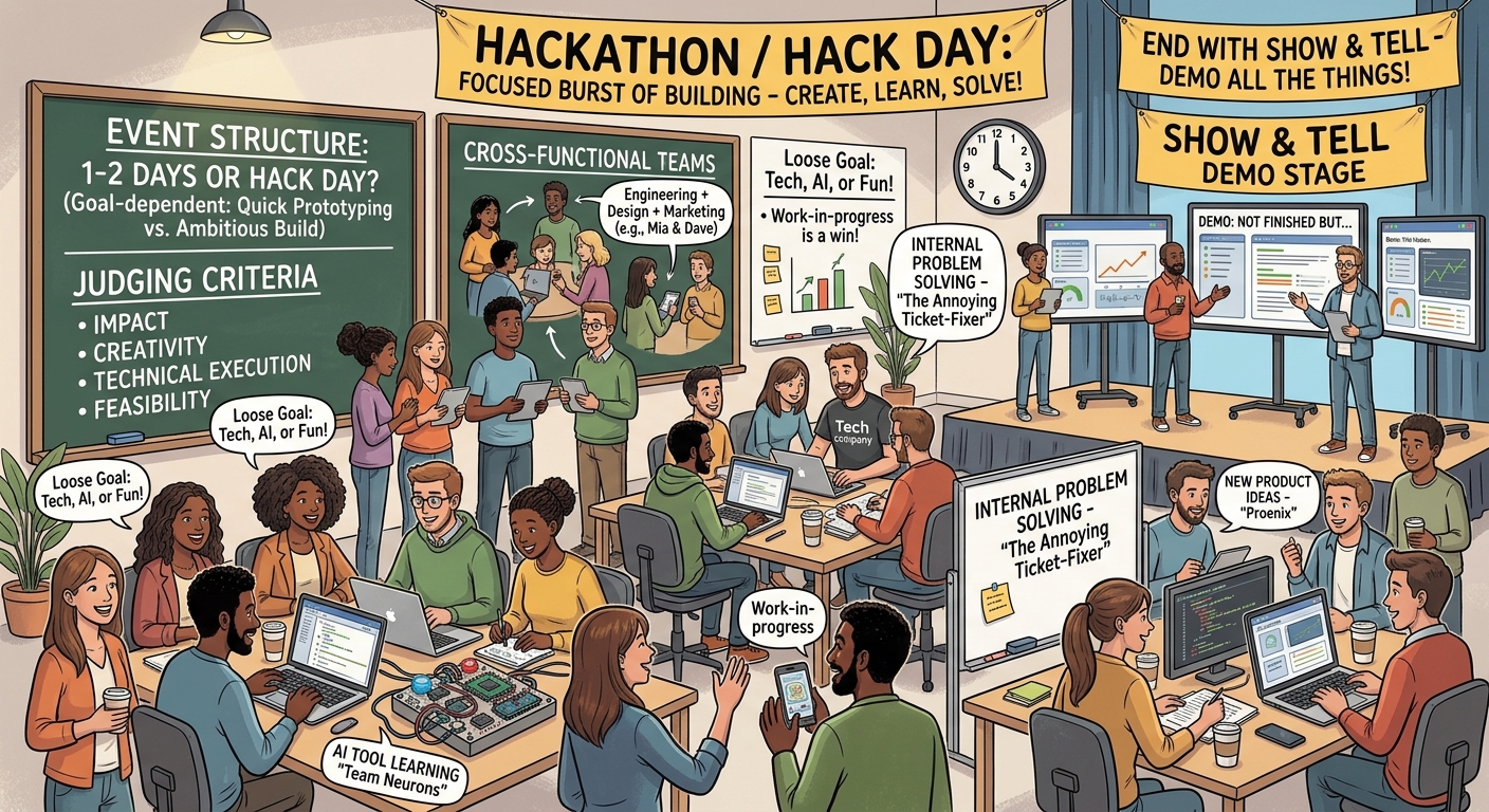 Hackathon hack day event with cross-functional teams building prototypes