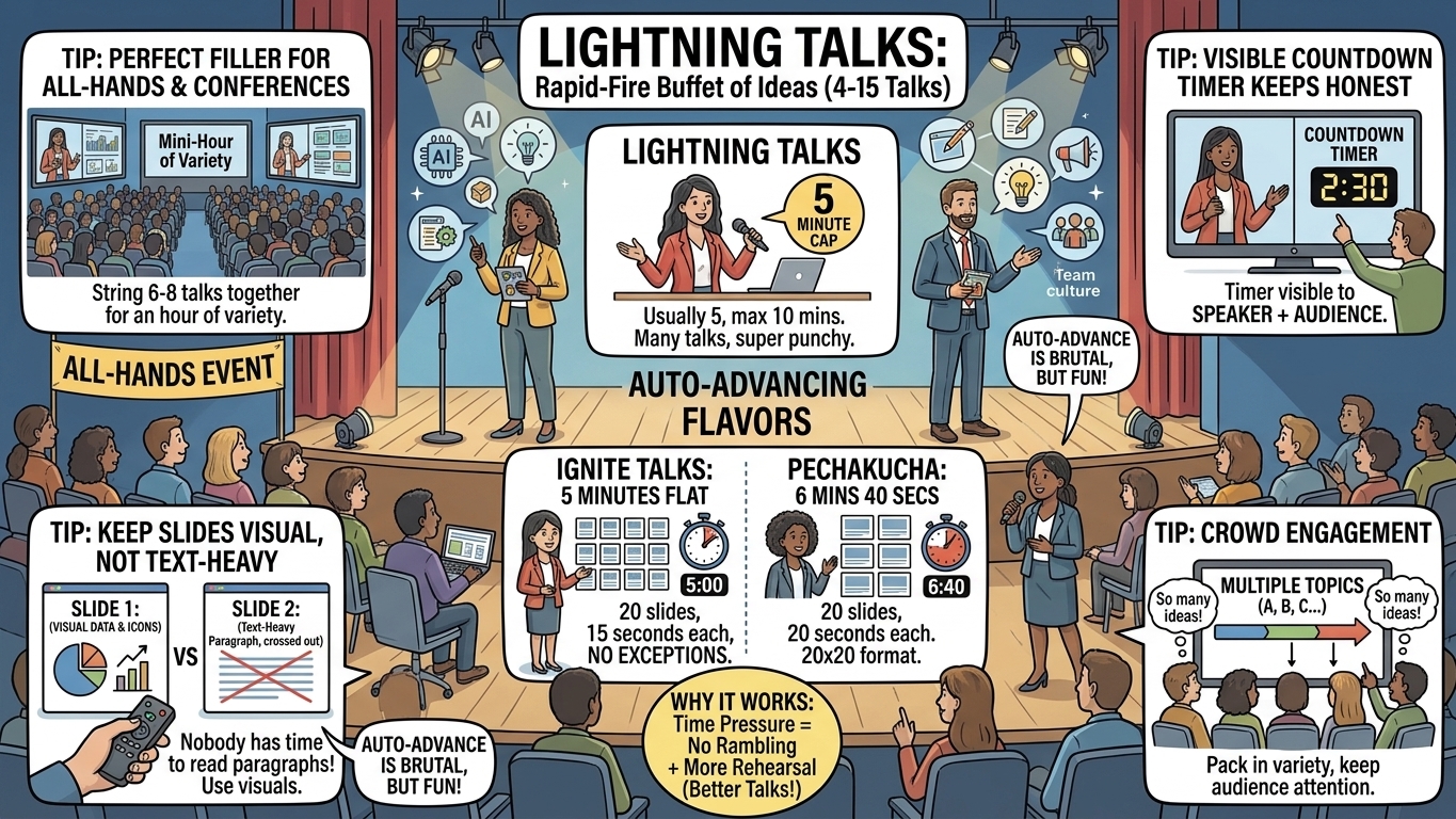 Lightning talks format with Ignite and PechaKucha style timed presentations