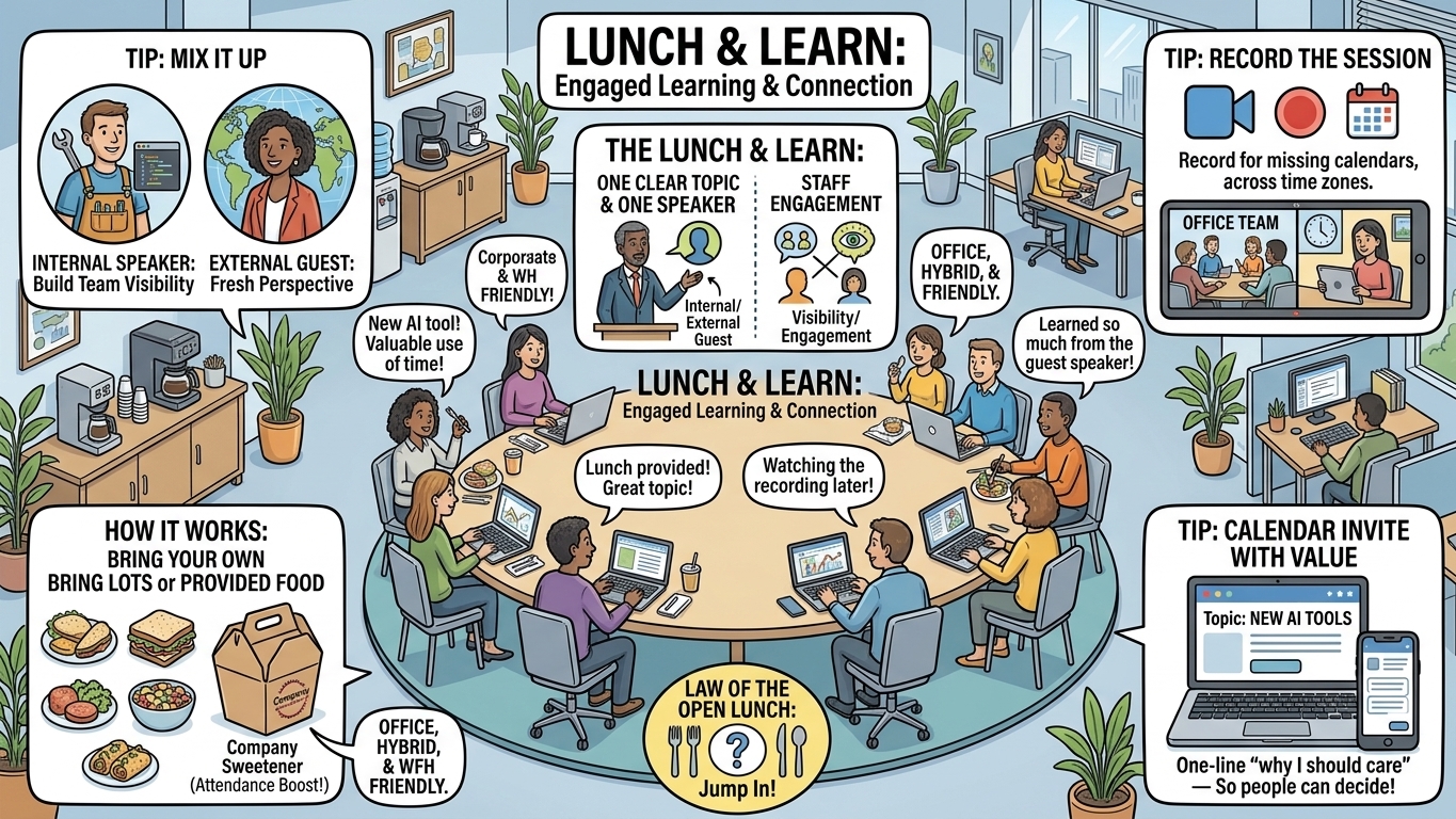 Lunch and learn session - employees learning together over a company-provided meal