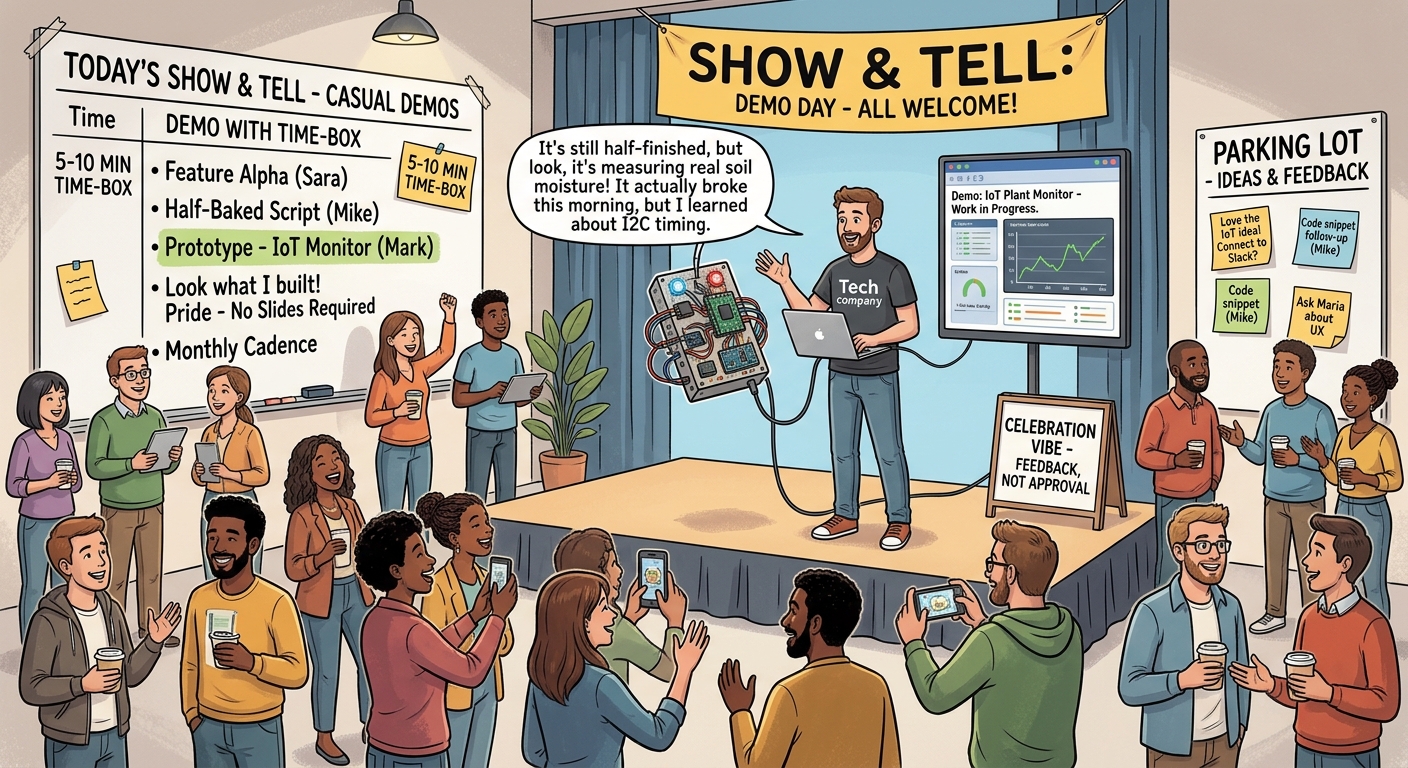 Show and tell demo day where teams present work-in-progress projects