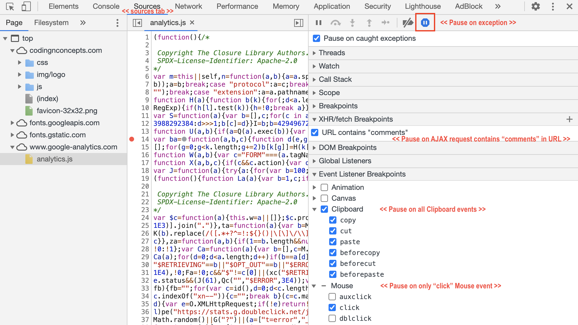 Chrome DevTool XHR, Event Listener and Exception Breakpoints