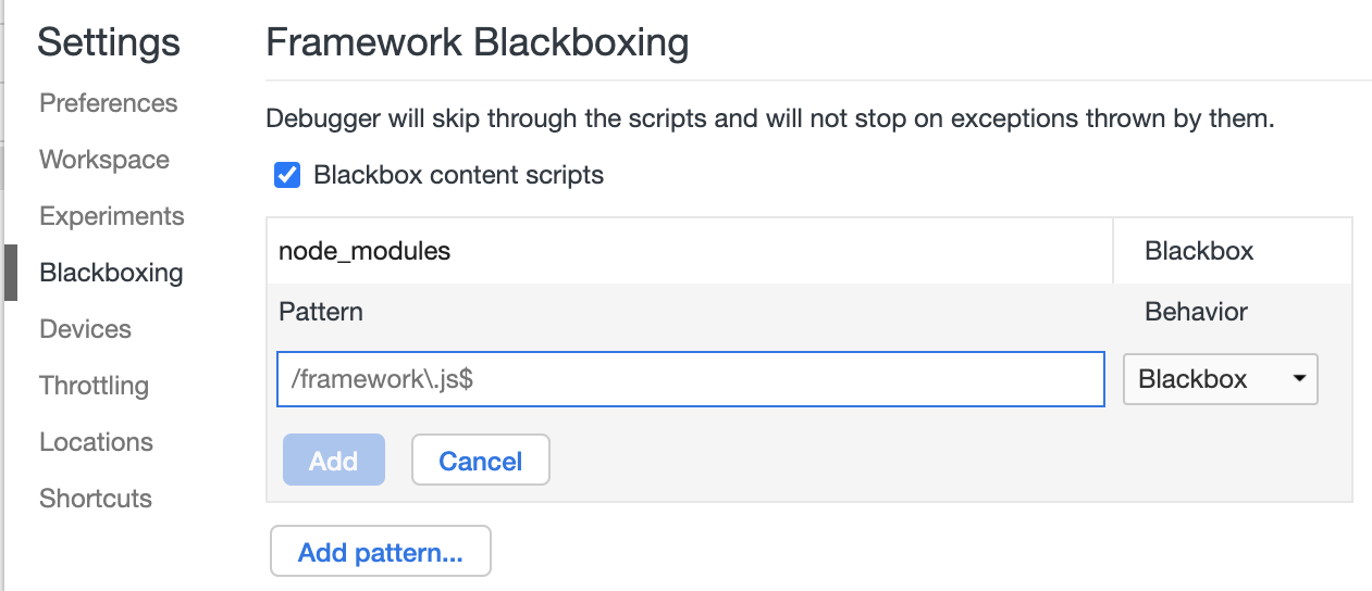 javascript - Chrome dev tools pauses on exceptions in blackboxed