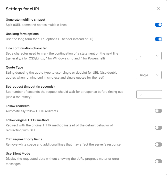 Setting for cURL Code Snippet generated from Postman